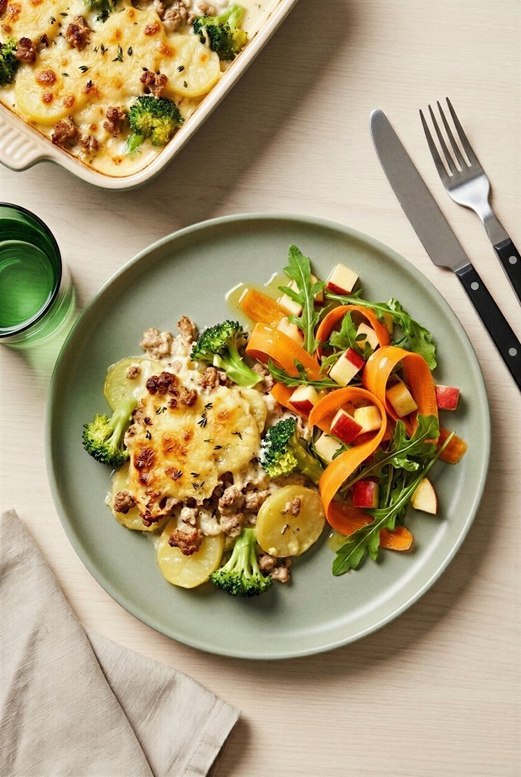 Potet- og kyllinggrateng med gratinert brokkoli og salat, fra Godtlevert Potet- og kyllinggrateng med gratinert brokkoli og salat, fra Godtlevert